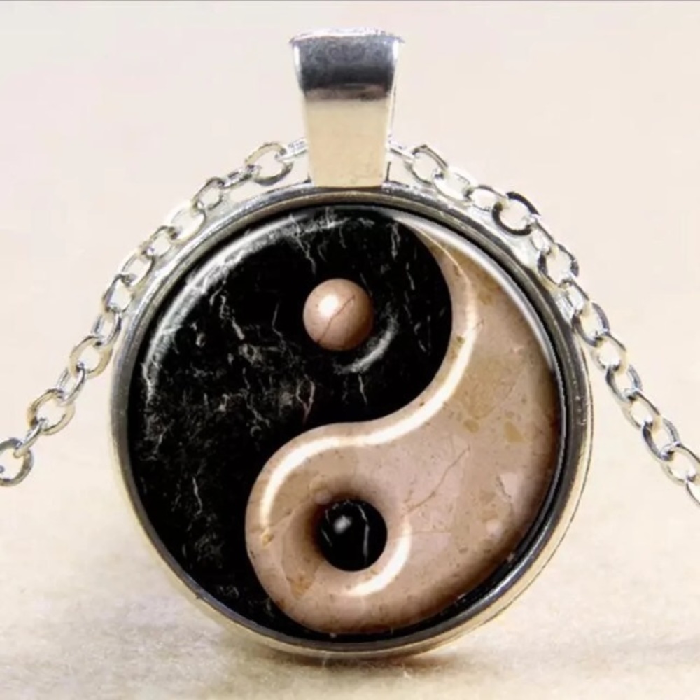 Yin Yang Silver Glass Cabochon Pendant Necklace